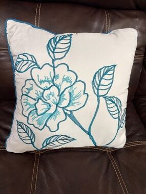 Teal Floral Embroidered Throw Pillow - Unbranded